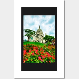 Sacre Coeur Basilica, Red Flowers, Paris, France Posters and Art